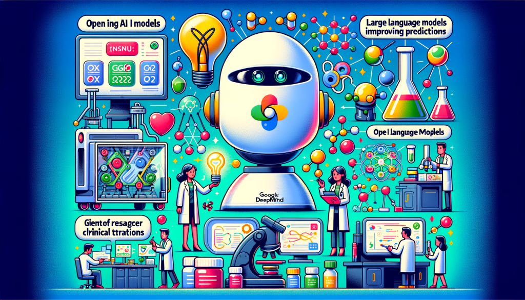 Create an image in a 3:2 aspect ratio that positively and lightly illustrates Google DeepMind's launch of TxGemma, an initiative aimed at improving AI-driven drug discovery and clinical trials. The image needs to be in a friendly and contemporary cartoon style. Visualize elements like open AI models, large language models improving predictions, a family of models with different sizes and capacities, and an interactive component for researcher interactions. Also, show the integration of the Models into multi-step research workflows, all set within the setting of drug discovery and development research. Please do not include any explicit branding or logos.