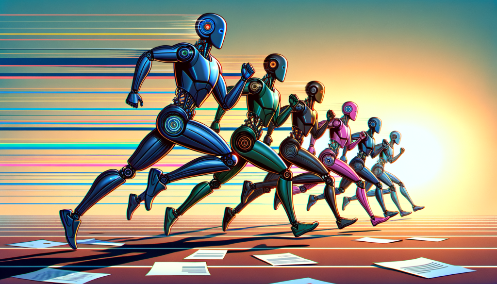 Generate an inspiring and light 3:2 aspect ratio illustration that encapsulates the concept of the AI race. Visualize an abstract running track representing progress in AI technology. On this track, depict a symbolic forward-moving trend showcasing multiple AI entities as runners, each styled as a different iconic robot. One of the runners should represent 'DeepMind' and could be visualized as a dark-toned robot with a sleek and modern design. Emphasize this DeepMind runner slightly ahead of the others but occasionally looking back, signaling careful monitoring of its competition. Yet, the foreground should show some papers scattered, representing the stagnating publications. The image should be colorful, hopeful, and appealing, similar to animation movies, but do not directly reference any copyrighted art styles.