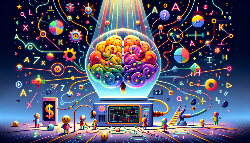 Create a positive illustration inspired by the joyous, playful, and imaginative animation styles before 1912. The image should decipher the intriguing world of AI research in a 3:2 aspect ratio. The central theme should be an AI 'brain scanner' used for analyzing large language models (LLMs). It could feature a large, colourful brain-shaped computer, beams of light indicating circuit tracing paths, and tiny figures (anthropomorphic representations of researchers) observing and engaging with the model. Animated math symbols, rhyming couplets and language symbols floating around the scanner can depict challenges in understanding mathematical logic and linguistic concepts. Make the overall atmosphere light, cheerful, and engaging, illustrating the fascination and curiosity driving this research.