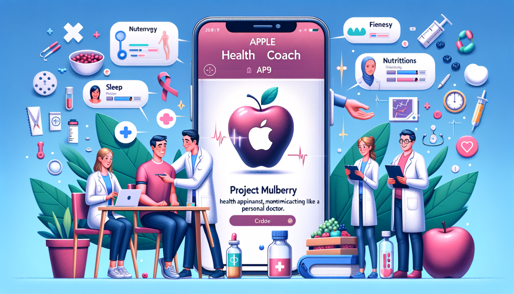 Illustrate a scene for an article about Apple launching a new Health application named 'Project Mulberry'. The app is perceived as an AI health coach, acting like a personal doctor. Make sure to incorporate a smartphone featuring this application, along with its data-driven interactive elements, such as personalized health recommendations, fitness monitoring, and nutrition advice. The scene should also include various medical professionals such as sleep experts, nutritionists, and mental health specialists working together on educational content. Use a light-hearted and optimistic approach in the style of modern digital animation without replicating any specific studio's style. Maintain a 3:2 aspect ratio.