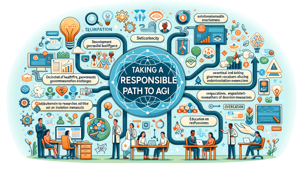 Create an illustration for an article titled 'Taking a responsible path to AGI'. The illustration is in a 3:2 aspect ratio, using a cheerful and uplifting style. It visually conveys the themes of the article: development of artificial general intelligence, envisioned societal benefits such as healthcare, education, and innovation enhancements, and the need for safety measures to prevent misuse and misalignment. Also depict elements related to transparency in decision-making processes, oversight mechanisms, collaboration with various entities including experts, governments, nonprofit organizations, and education of researchers and professionals.