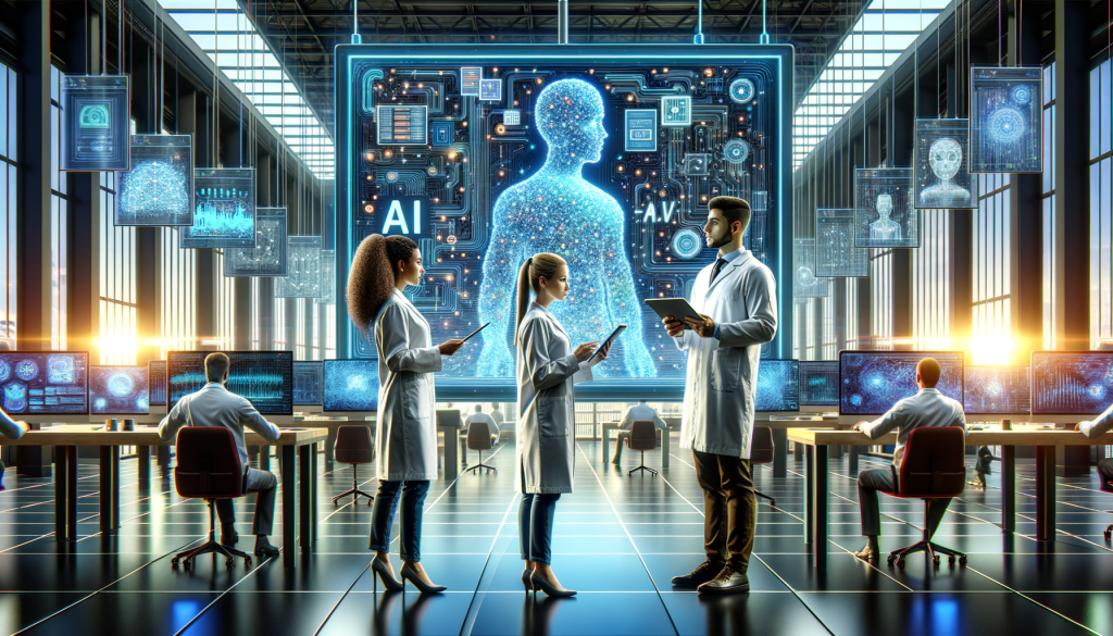 Visualize a vibrant scene showcasing the partnership between an AI tech company and a university. There's a large screen displaying intricate algorithms, symbolic of the self-improving AI model under development. Nearby, a Hispanic woman and a Middle-Eastern man, both scientists, analyzing data on their high-tech tablets. Depict the backdrop as the bustling floor of a high-tech open-plan office. Despite the competitive atmosphere suggested by monitors displaying logos of competitor companies, the two primary characters exhibit collaboration and determination in their expressions and body language. The overall composition should convey a sense of technological advancement and innovation.