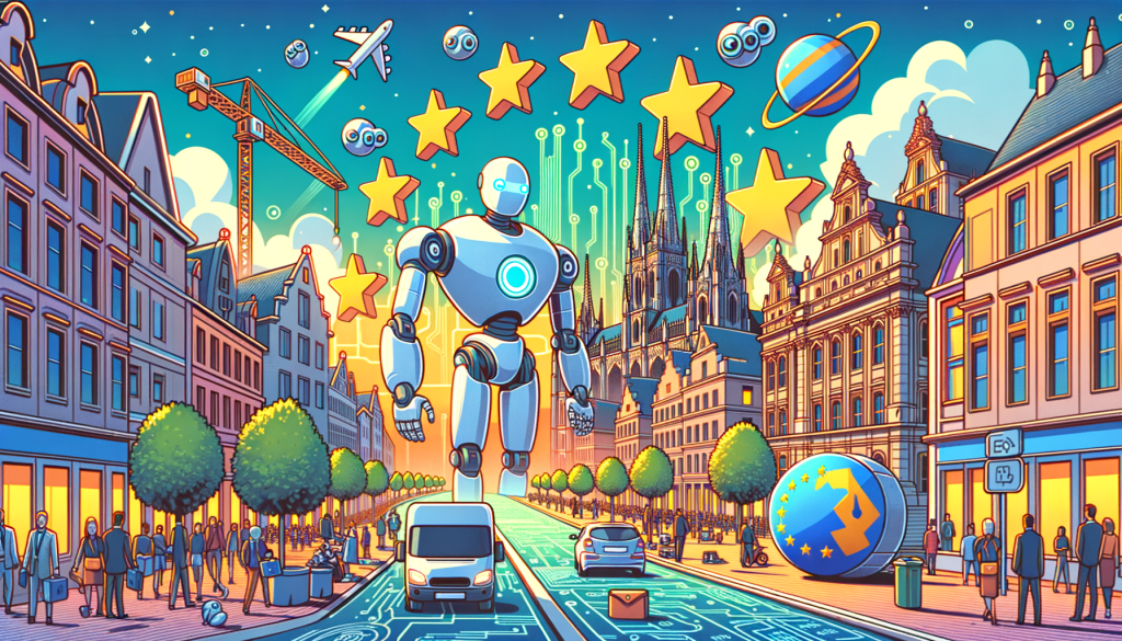 Generate a 3:2 aspect ratio illustration for an article titled 'Europe wants to lighten AI compliance burden for startups'. The image should reflect a positive and optimistic mood. Portray a scene of a European city itself as being bustling with startup activity, with robotics and artificial intelligence symbols scattered throughout the landscape. Note: omit the 'Pixar style' request and opt for a cartoony and vibrant aesthetic instead.