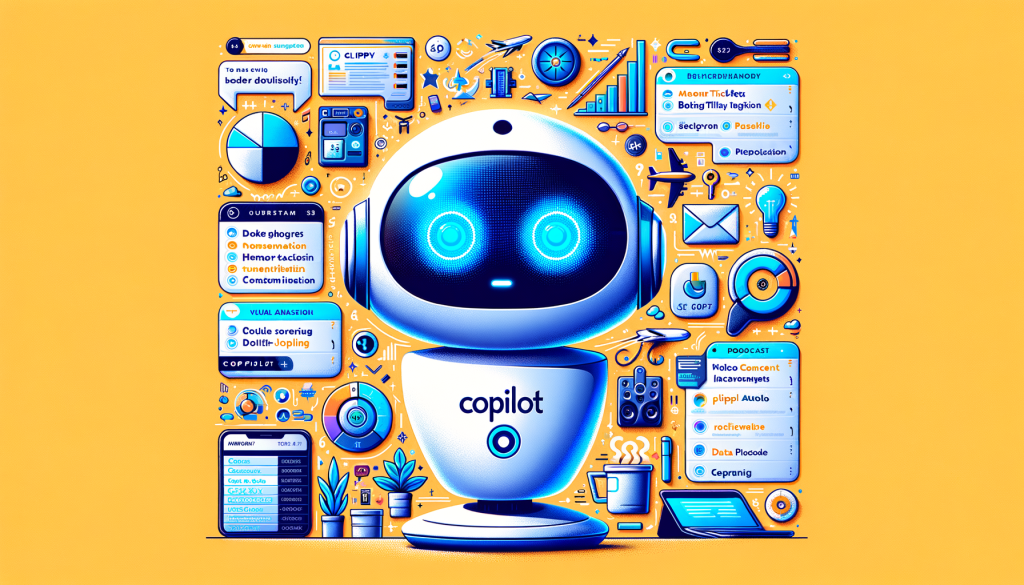 Illustrate a 3:2 aspect ratio image displaying Copilot, Microsoft's AI assistant, in a bright, light-hearted, and imaginative style. The theme should be futuristic, embodying the essence of innovation and technology. Copilot should be depicted as personable and receptive, incorporating elements that allude to key features like memory storage, task execution, visual analysis, and data processing. Also, throw in a reference to the nostalgic Clippy character, implying the customization feature. Intersperse elements of tasks that Copilot can perform such as booking tickets and shopping. Also, include references to podcast-style audio content and organization of documents, showcasing the diverse utility of Copilot.