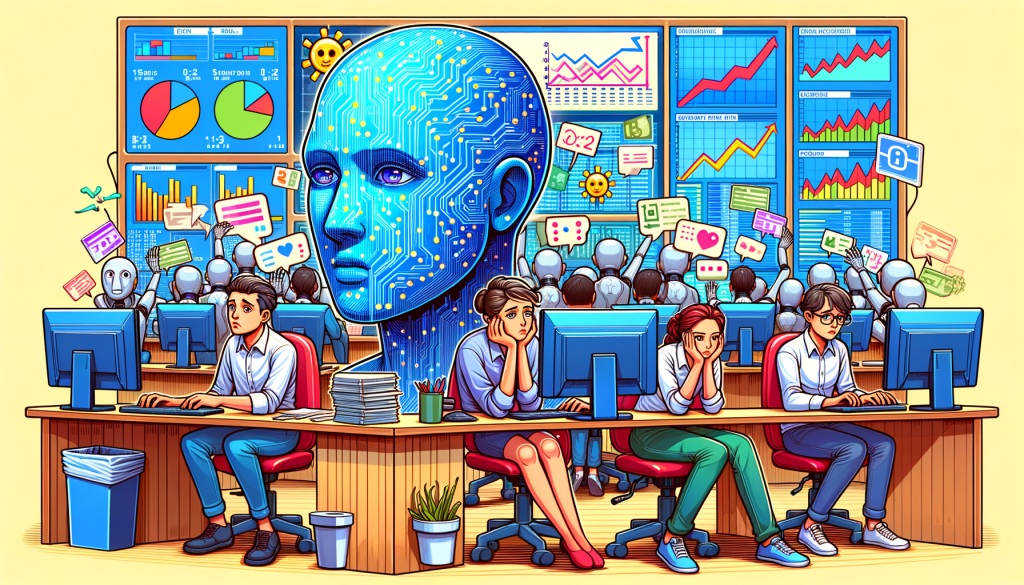 Create an illustration in a cheerful and bright style, ideally suited for a positive, light interpretation. The image should be in a 3:2 ratio. It should depict a scene from an artificial intelligence (AI) office setting. The computational researchers are sitting idly; expressions of boredom and slight confusion on their faces. Meanwhile, in the backdrop, the fast-paced world of AI updates continues, represented by charts and graphs updating rapidly on screens. On the side, a distressed AI researcher is seeking help on a digital platform, symbolizing reaching out for advice. This image is capturing the essence of the AI talent competition and the condition of idleness imposed on some researchers, affecting their connection with the rapidly evolving AI industry.