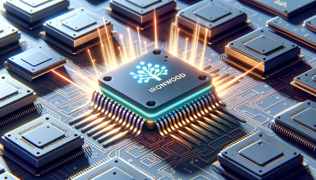 Illustrate a visually appealing image in a positive and light animated style. The image shows a futuristic-looking AI chip with the name 'Ironwood' on it, dwarfing other dated chips. The Ironwood chip is showcased prominently, appearing superior, more developed and energy-efficient. It projects visible rays representing its impressive performance and energy efficiency. It should also have some kind of design that subtly communicates quick calculations and rapid responses, perhaps in the form of small symbols or patterns on the chip or light beams or arcs jumping between different parts of the chip. The scene should exude a sense of progress and expertise in AI technology. The image should have a 3:2 aspect ratio.
