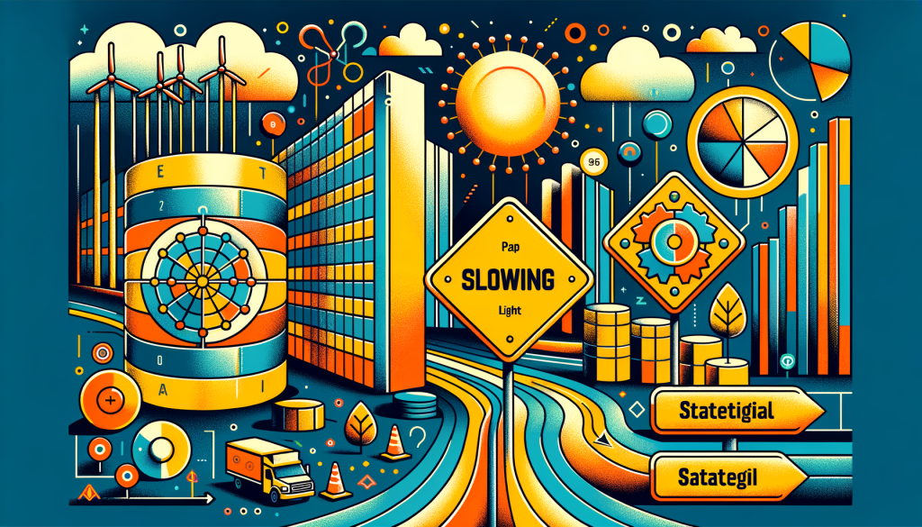 Create an illustration in a positive and light style, showing an abstract concept of slowing or pausing of AI data center projects. The image should include visual elements that represent AI, infrastructure like symbolic data centers, and the state of Ohio. Also, feature a symbolic representation of a strategic shift and a cautious stance. The colors should be bright and inviting, with imagery that gives a sense of pause or delay but in a beneficial and strategic manner. The illustration should fit a 3:2 aspect ratio.