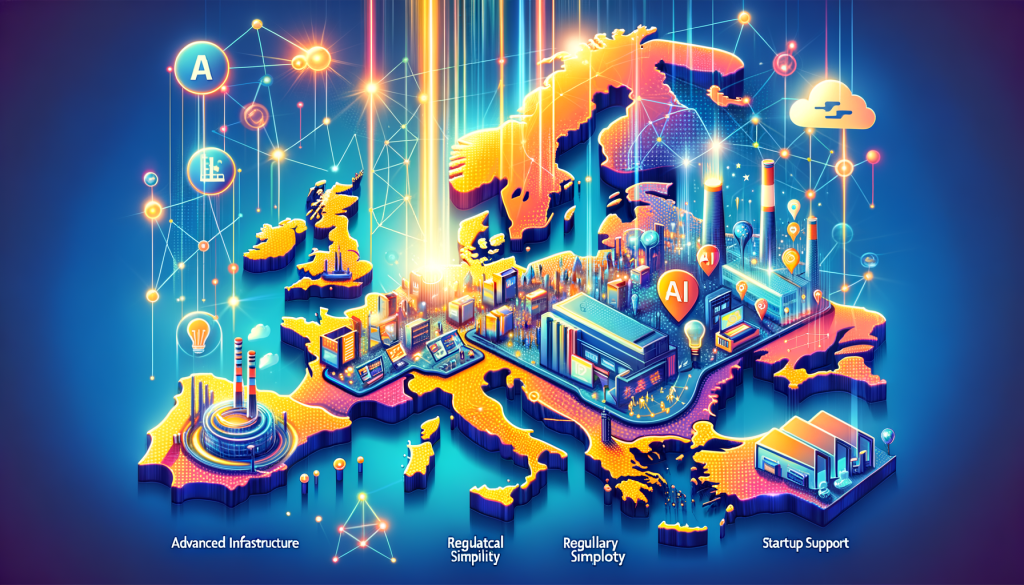 Imagine an illustration depicting the concept of Europe as the 'continent of AI'. In a vibrant and optimistic style, the image features a stylized map of Europe with network lines and nodes symbolizing the connectedness of the AI landscape. Light beams shine from various points, indicating AI factories equipped with advanced technology. There are also symbolic images of labs and a service desk, representing support for startups and regulatory guidance. All these elements reflect the theme of advanced infrastructure, regulatory simplicity, and startup support. Remember to create this in a 3:2 aspect ratio.