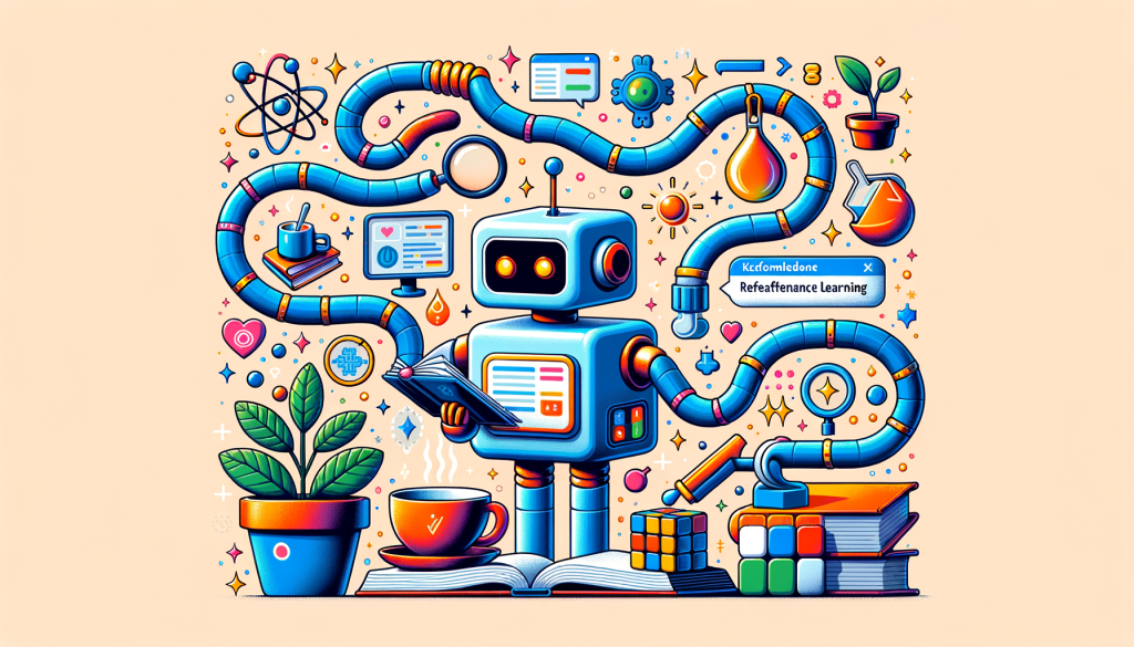 Create a 3:2 aspect ratio illustration in a playful and captivating style inspired by animated movies, featuring an AI robot in a learning process. The robot is interacting with various objects in its environment, like checking the temperature of a cup of hot coffee, reading a book, examining a plant using a magnifying glass, and solving a Rubik's cube. A long stream of data is flowing from the objects to the robot, symbolizing the 'streams' approach of reinforcement learning. The streaming information updates a model of knowledge inside the robot, revealing how it learns and adapts from its surroundings. The image should convey positivity and expansion of knowledge, with the robot showing signs of curiosity and delight.