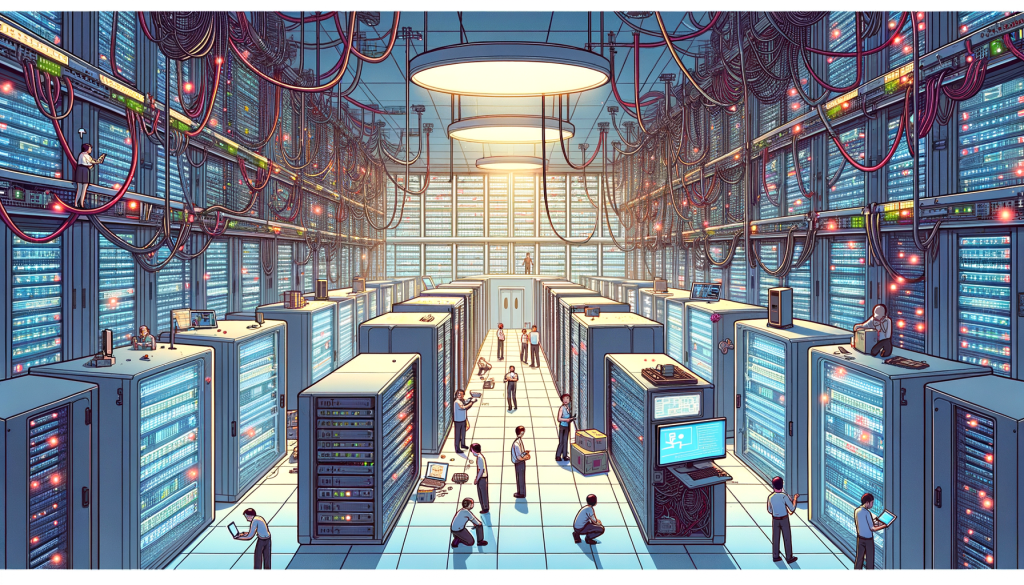 Generate a 3:2 aspect ratio illustration that depicts the scenario outlined in an article about AI datacenter security. The imagery should convey a positive tone, despite the serious subject matter. Show a datacenter laden with servers and complex wiring systems, illuminated with a soft light. Sprinkled around the room, there are tiny, cartoonish, invisible agents (symbolizing espionage), attempting to meddle with the sensitive AI models. Hint towards a Chinese origin for some of the components with subtle markings. Place a few AI lab workers in the background checking various screens, indicating perseverance and hope in enhancing the security measures. Remember to give the illustration a bouncy and light atmosphere reminiscent of animation styles prior to 1912.