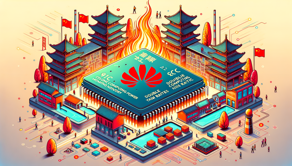 Create an illustration capturing the essence of the following article. The image should have a 3:2 aspect ratio and represent a positive and light mood; style the illustration in a bright, colorful and heartwarming manner. The scene should include a stylized smoldering chip symbolizing Huawei's new 910C AI chip. Around it, there should be Chinese architecture to represent Chinese AI companies, and various other small technology elements showcasing the chip's potency - depicting double computing power and memory capacity. Some components of the chip are represented using symbols of SMIC and TSMC manufacturing units but also leaving an element of doubt to address the yield rates issue. Complete the image with a few Chinese AI model developers observing the outlined elements.
