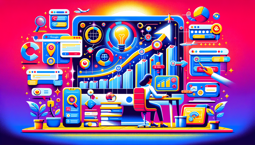 Imagine a 3:2 aspect ratio illustration done in a cheerful and bright style inspired by late 20th-century American animation studios known for their computer-animated films. The scene should encompass elements symbolizing growth and AI technology, like the exponential growth curve for search functionalities, a user typing queries on a futuristic device, and visually generated answers appearing on screens. Further include icons or elements representing global reach, such as multiple screens displaying Google's search interface in different languages. Show elements indicating regulatory challenges, perhaps through some red tape being navigated.