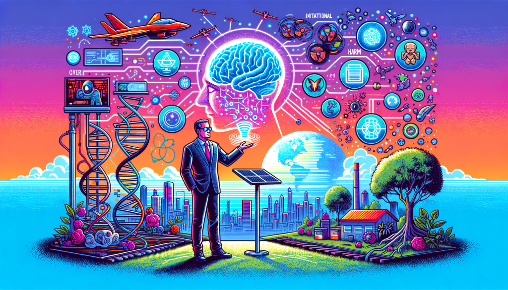 Create a vibrant 3:2 aspect ratio illustration in a lighthearted and optimistic, non-specific style. The illustration should depict a future subject to the successful integration of artificial general intelligence (AGI). Show an innovator, possibly resembling a tech CEO, who is presenting the concept of AGI depicted as a digital brain. Highlight positive potential applications such as medical research depicted as a DNA structure and addressing climate change depicted as a thriving tree. Additionally, include imagery representing the balance of potential harm; for example, an image of a military drone. Elucidate the need for international cooperation with a globe in the backdrop, symbolising unity. Finally, the specter of potential societal upheaval can be portrayed as crumbling structures transitioning to a more utopian landscape.