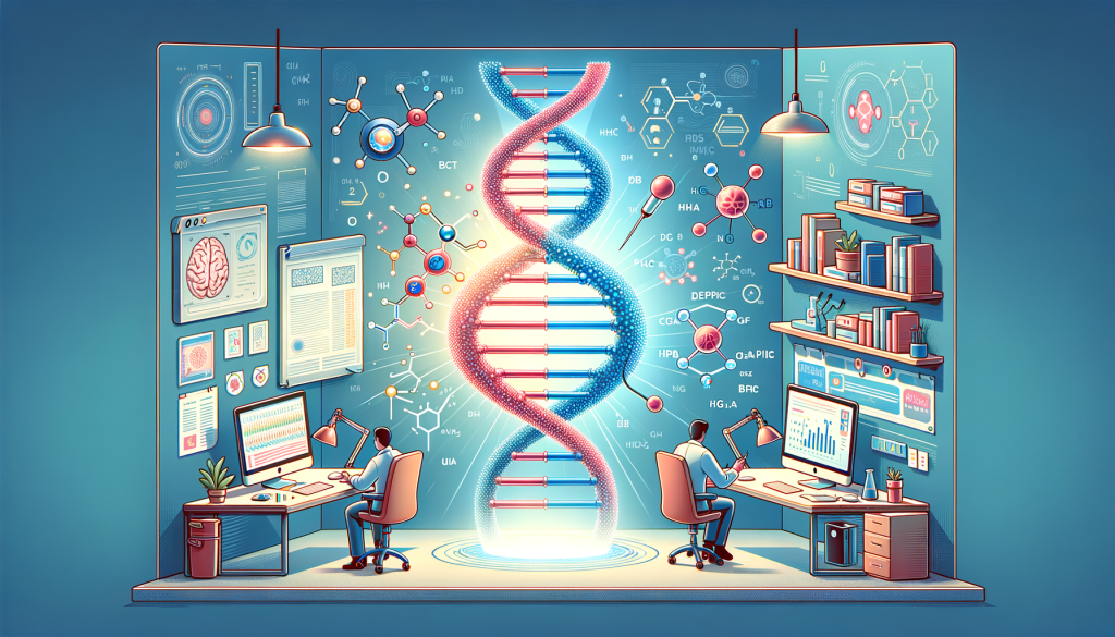 An illustration in a positive and light cartoonish style, featuring a study room with modern technology aspects, symbolizing the advanced research of Alzheimer's disease. Centered in the image, depict a three-dimensional model of a gene named PHGDH, glowing with insights. Display the gene having two different aspects: one part is bright, reflecting lower levels of PHGDH and less disease progression, and the other, darker, implying higher levels and advanced Alzheimer's stages. Include elements representing artificial intelligence, such as a computer screen with complex equations and data. Also, show a tiny artistic representation of a molecule labeled 'NCT-503', intercepting the darker part of the gene, depicting its future therapeutic role. Keep the aspect ratio to be 3:2.