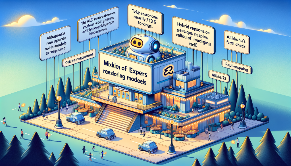 Create an illustration of a scene demonstrating the concept of Alibaba's new 'hybrid' AI reasoning models, Qwen3, in a light-hearted, Pixar-style representation. The image should lay emphasis on the mixture of experts architecture representing 119 languages, the datasets of nearly 36 trillion tokens, and the model's capability to fact-check itself. Highlight also the hybrid system generating both quick responses and complex reasoning with a family of models ranging in size. Use a positive, light color scheme and make sure to capture the advance in AI technology it represents. The illustration has to be in a 3:2 aspect ratio.