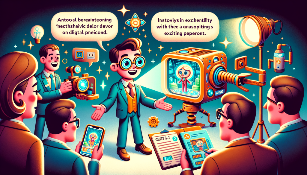 Illustrate a vibrant and exciting image in a whimsical cartoon-like style, akin to early 20th-century animation, with a 3:2 aspect ratio. Depict an enthusiastic figure who embodies the role of a visionary tech CEO, showcasing a fantastic digital device. This device, named 'Genie 2,' should look futuristic yet friendly, showing a small 3D environment inside it. The figure explains the device's functionality to a curious, professional-looking reporter. Also, include an AI assistant in digital form named 'Astra,' who is interpreting and discussing an artwork next to them. The overall ambiance should be one of innovative breakthrough and exciting potential.