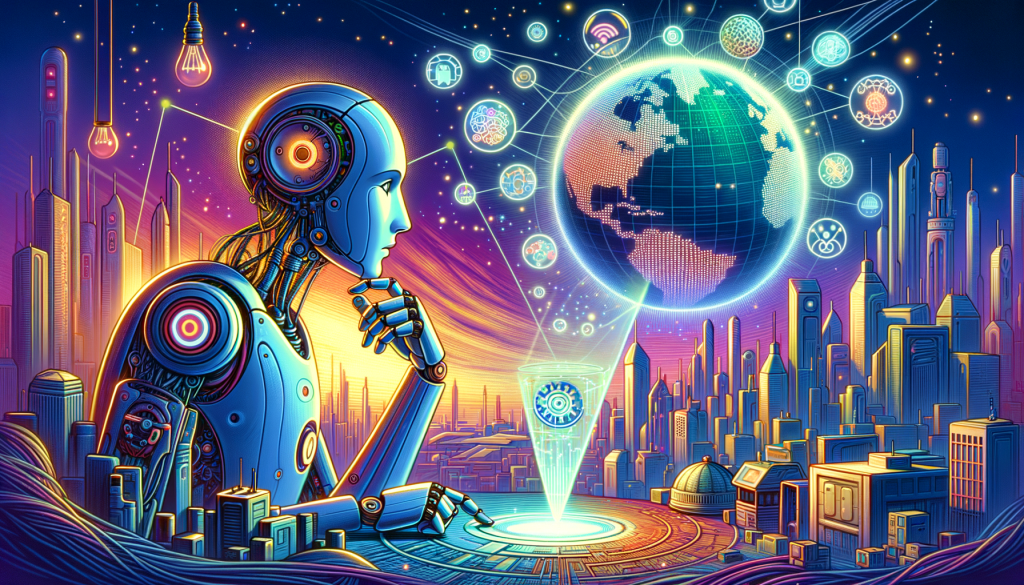Illustrate a positive and light representation symbolizing the advancements in artificial general intelligence (AGI). Show a human-like robotic figure portraying curious intelligence while examining a holographic globe that symbolizes real-world context. An intricately designed, futuristic cityscape should serve as the backdrop to convey continuous technological progress. The robotic figure should be depicted trying to decipher the multi-agent AI systems represented by floating holographic icons. The piece should be presented in a 3:2 aspect ratio and should be rendered in a vivid, slightly exaggerated visual style reminiscent of early 20th-century animation, prior to 1912.