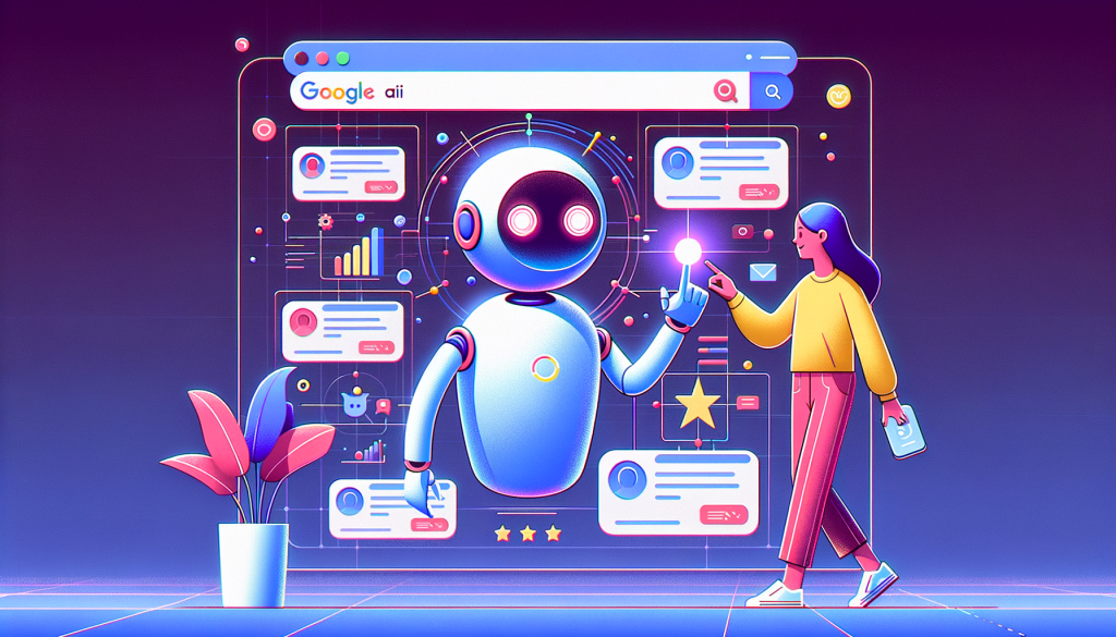 Illustrate an image representing an article about Google introducing an AI Mode in its Search function. The image should reflect a 3:2 aspect ratio, and be designed in a positive and light style. Render a scene where a user interacts with a futuristic and friendly AI entity, which serves as an emblem for the AI mode, in a digital environment, symbolizing the Search function. The AI entity generates various bits of information, depicted as visual cards featuring reviews and real-time prices of products and businesses. Remember to integrate elements of playful and warm aesthetic, similar to a certain animation studio's style.