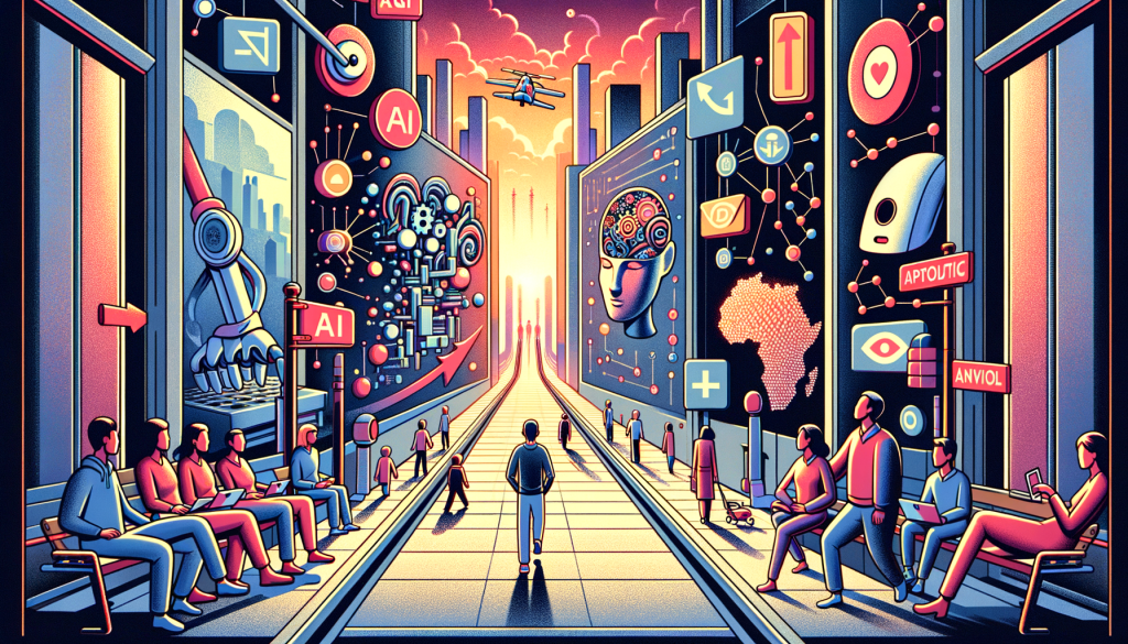 Create an optimistic illustration in a 3:2 aspect ratio utilizing a light-hearted, cartoon style often used in animation, not linked to any recent artist or studio. The image showcases a metaphorical representation of the article - 'Google DeepMind's CEO says society isn't prepared for AGI — but OpenAI claims it'll have surprisingly little impact'. Consider illustrating elements that personify Artificial General Intelligence (AGI) impending arrival and the contrasting views between optimism and caution. This might include symbols of investments into AI development, potential risks associated, and the need for human oversight. All this set in a forward-thinking environment highlighting the intersection of technology and society.