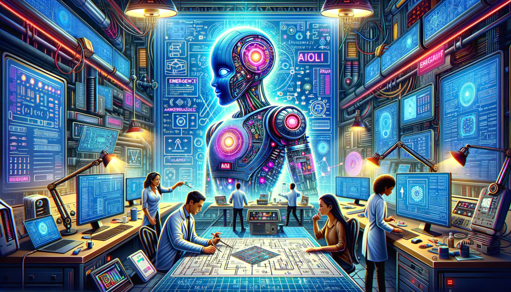 Create a vibrant, light-hearted illustration that showcases a simulation of an artificial intelligence's internal circuits and systems. The scene is set on a unique robotic workstation filled with screens displaying complex equations and codes. The main AI model is depicted as having a slight error symbol on its interface, indicating some sort of internal malfunctioning. Alongside the model, there should be a frantic, yet determined diversity of engineers; a Hispanic woman and a South Asian man, indicating an emergency pause on its launch. These engineers are depicted as deeply engaged in a discussion surrounding a large blueprints spread open on the table that details a complex AI model. The backdrop is high-tech, filled with advanced computers, tools, and blueprints. Don't forget to keep the 3:2 aspect ratio.
