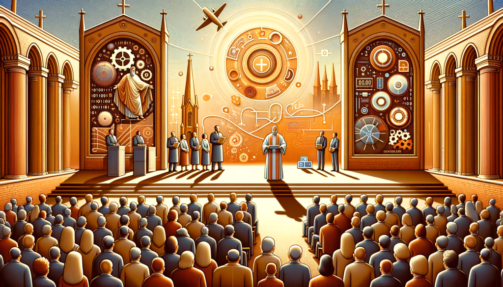 Create a thought-provoking, digitally designed illustration in 3:2 aspect ratio that's reminiscent of modern animation's warm and friendly aesthetic. The scene should portray a religious figure standing before a symbolic old institution, addressing a crowd of figures representing various occupations. In the background, subtly incorporate imagery symbolizing artificial intelligence such as gears, circuits or stylized binary codes, indicating the blend of traditional values and modern technology. Let the artwork encapsulate the message of the article about the complexities of modern technology within the framework of Church teachings.