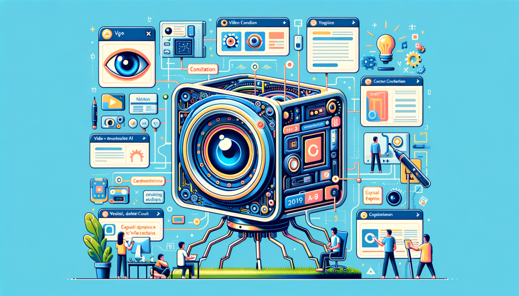 Create an illustration in a positive and light style, in 3:2 aspect ratio, that can be representative of the following situation. A groundbreaking open-source AI model has been developed by a tech giant for transforming video creation and editing. The AI model, known as VACE, is capable of generating videos from texts, images, or other video snippets. It boasts advanced editing capabilities and can animate still images, control character poses, and expand video dimensions while adding relevant content. Key technological components like the Video Condition Unit and a Context Adapter structure stand out in its design. This AI tool is envisioned to be useful for social media clips, marketing content, and educational videos, catering to both small businesses and individual creators.