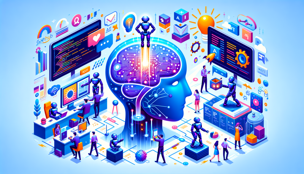 Create a 3:2 aspect ratio illustration, with a vibrant and light-hearted style. The image should represent the main theme of Microsoft Build 2025 emphasizing the transformative potential of AI agents. Please include symbolic elements of AI reasoning and memory, possibly in the form of a futuristic AI brain. Illustrate the scene where multiple AI robots are collaboratively engaged in problem-solving, some using digital screens displaying code perhaps representative of GitHub Copilot. Also, depict AI agents performing tasks autonomously, hinting at an 'open agentic web'. The background could represent different industries being positively impacted by AI like tech, healthcare, education, etc. Finally, represent aspects of security enhancements such as an iconic shield symbol.