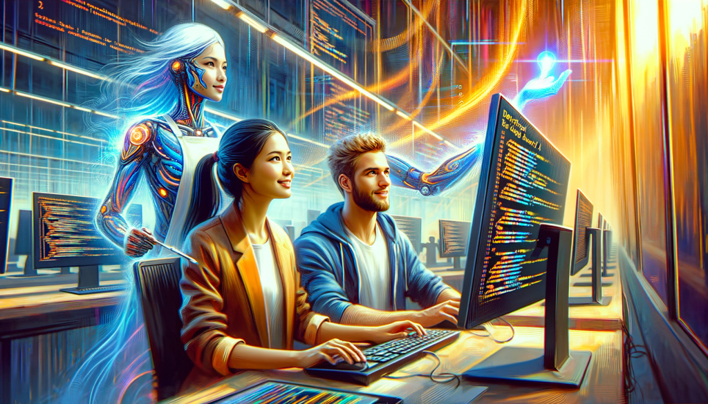 Visualize a scene highlighting the subject of the article, Mistral's new Devstral AI model designed for coding. Show a futuristic room with a vibrant, sleek design, containing a couple of developers of diverse ethnicities, one woman of South Asian descent and the other a man of Caucasian descent. They are both working on high tech computers, and digital code streams in the air around them, showing the Devstral AI at work. This 3:2 aspect ratio image should have a light, upbeat mood with a scene that is inspired by late 19th-century impressionist style of painting and done with oil paint-like digital strokes.