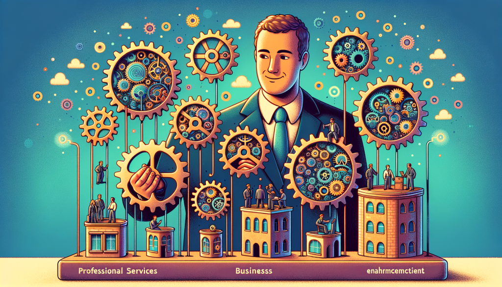Create an illustration in a whimsical, color-rich style for an article on AI and professional services. The primary elements of the image should be a male early AI investor studying a board full of businesses. Each business is represented by differently sized gears, with larger gears for mature businesses. The mature gears are tinged with a slight glow to signify enhancement via AI. A stereoscopic view of one of the gears reveals an intricate network of AI components and tiny workers, automating tasks. Additional gears loom in the background, symbolizing potential acquisitions to scale further. The investor has an optimistic expression on his face. The illustration should be in a 3:2 aspect ratio.