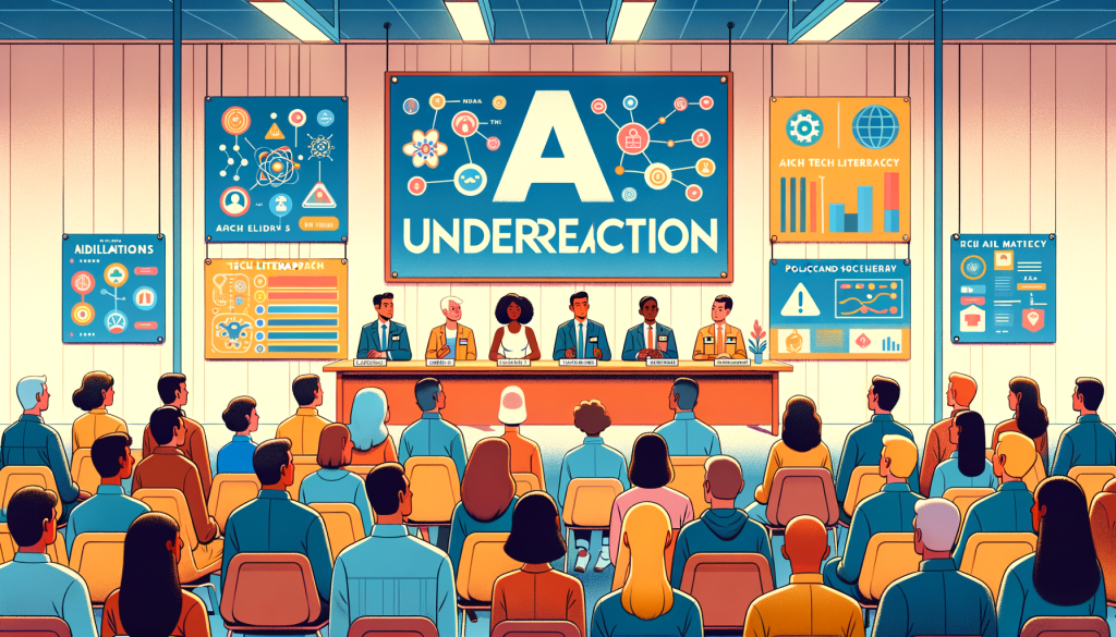 Illustrate an image in the style of a light, colorful and imaginative animation, inspired by mid 20th-century American animation. The image is in a 3:2 aspect ratio. The scene should be related to 'AI Underreaction' which will depict a group of diverse individuals, with varying levels of descent such as Caucasian, Asian, Hispanic and Middle Eastern amongst others, in a town hall meeting having an engaging conversation about AI. Panels, posters and screens around them should display symbols and infographics related to AI, tech literacy, policy, and societal concerns. The mood and tones should be positive and welcoming, indicating an open and proactive dialogue about AI.