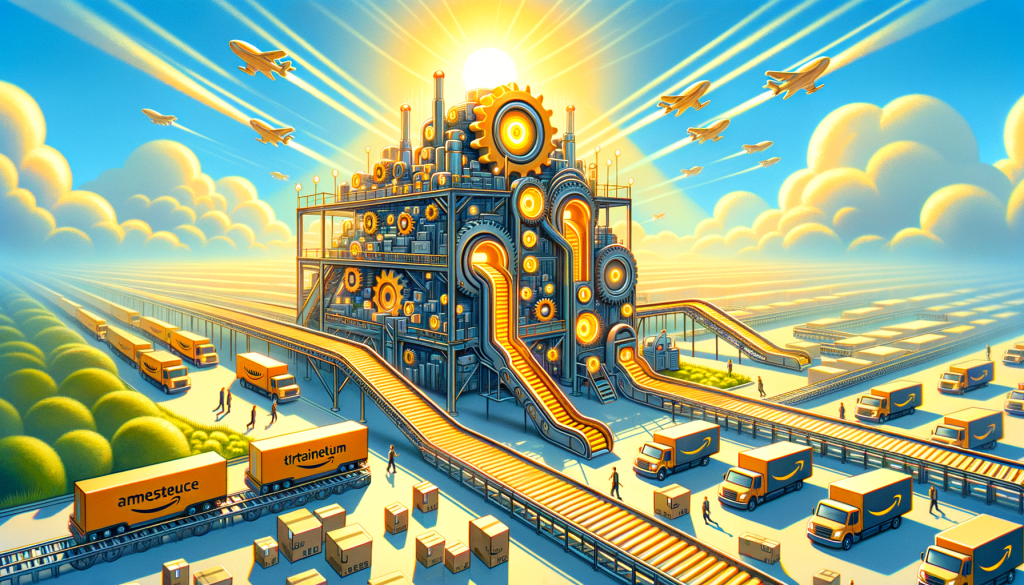 Create an image in an uplifting and bright style inspired by the style of animation from the mid-to-late 20th century, with a 3:2 aspect ratio. The image should convey the concept of investing heavily in AI development. On one side of the image, show an exaggerated cartoon depiction of the Amazon headquarters with conveyor belts and machines, representing the 'Trainium' chips and 'Nova' models mentioned in the article. The conveyors should be brimming with AI chips, moving at high speed, symbolizing the massive investment. On the other side, depict delivery trucks arriving and leaving quickly, symbolizing improvements in delivery speed. A bright sun in the background signifies the 'once in a lifetime opportunity' referred to in the article. Incorporate elements of AI innovation and technological advancement throughout the scene. Please exclude any human figures from the image.