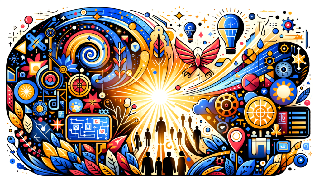 Generate a 3:2 aspect ratio illustration, designed in a joyful and bright manner. Show an abstract representation of the concepts discussed in the article. Include a visual representation of the transition of team members from Windsurf to Google DeepMind. Emphasize on them collaborating on a project titled 'Gemini' and their focus on agentic coding efforts. Lastly, depict symbols of leadership transitioning within Windsurf, hinting towards the new interim CEO and president.