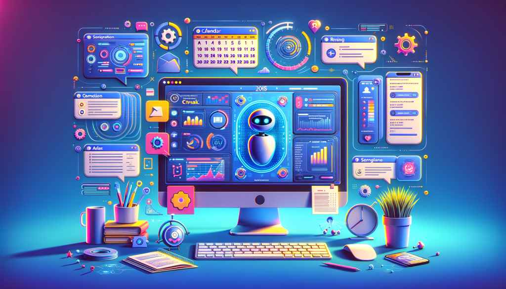 Create an image in 3:2 aspect ratio that visually depicts a computer screen with the interface of a chat-based AI assistant, designed in a vibrant, three-dimensional style similar to that usually found in popular 3D computer-animated films. The AI assistant is shown to be actively engaged in multiple tasks such as a calendar review, recipe planning, and analyzing data. Simultaneously, it is browsing websites, running code, and compiling research. With each task, provide a clear depiction of a control panel or something equivalent in the image representing the user's control over the AI's actions. The overall mood of the image should be positive and light, representing optimism for the future of AI.