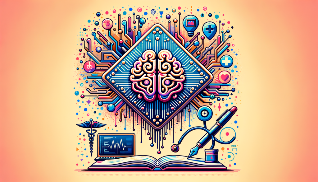 Please create an illustration in a 3:2 aspect ratio. In the illustration, show a large symbolic representation of the GPT-5 model, depicted as a sophisticated, futuristic AI chip or brain. Around it, there should be various sectors it impacts like a fountain pen (symbolizing writing), a stethoscope (symbolizing healthcare), and lines of code (symbolizing programming). Add a vibe of positivity and brightness to indicate the advantages and improvements of the model. Though it should be rendered in a stylized, cartoon-like, and vivid manner similar to 3D animation studios' works from the late 90s and early 2000s, refrain from making it too close to any specific style.