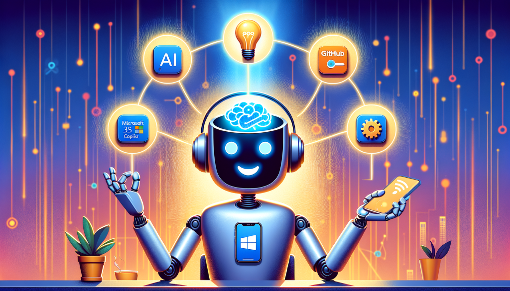 Create an illustration for an article on advanced AI technology. The highlight of the article is the integration of GPT-5 into Microsoft's Copilot and its various applications. Please depict a metaphorical representation of a sophisticated AI assistant symbolized by a sleek robot merrily juggling icons representing Microsoft 365 Copilot, Azure AI Foundry, and GitHub Copilot. Also, symbolize the GPT-5 technology as a glowing brain inside the robot's head. The atmosphere should be engaging and vibrant, incorporating a cheerful and futuristic style. The AI assistant should be set against a background representing an advanced technology environment. Remember to maintain a 3:2 aspect ratio.