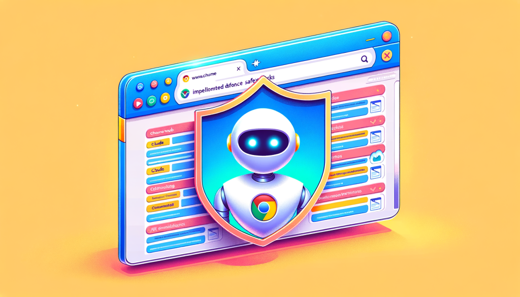 Create an image in a 3:2 aspect ratio, in a light and positive style, emulating the aesthetic of bright and colorful computer-generated animation often seen in family-friendly movies. Show a Chrome web browser window with a sidebar where an AI agent named Claude is present. The browser window should display multiple tabs suggesting various activities. This representation of Claude should seem friendly, approachable, and helpful as it interacts with the web browser, displaying an interface suggesting control over different websites. Also, depict a shield icon to signify implemented defenses against safety risks. Must not include any logos or trademarks.