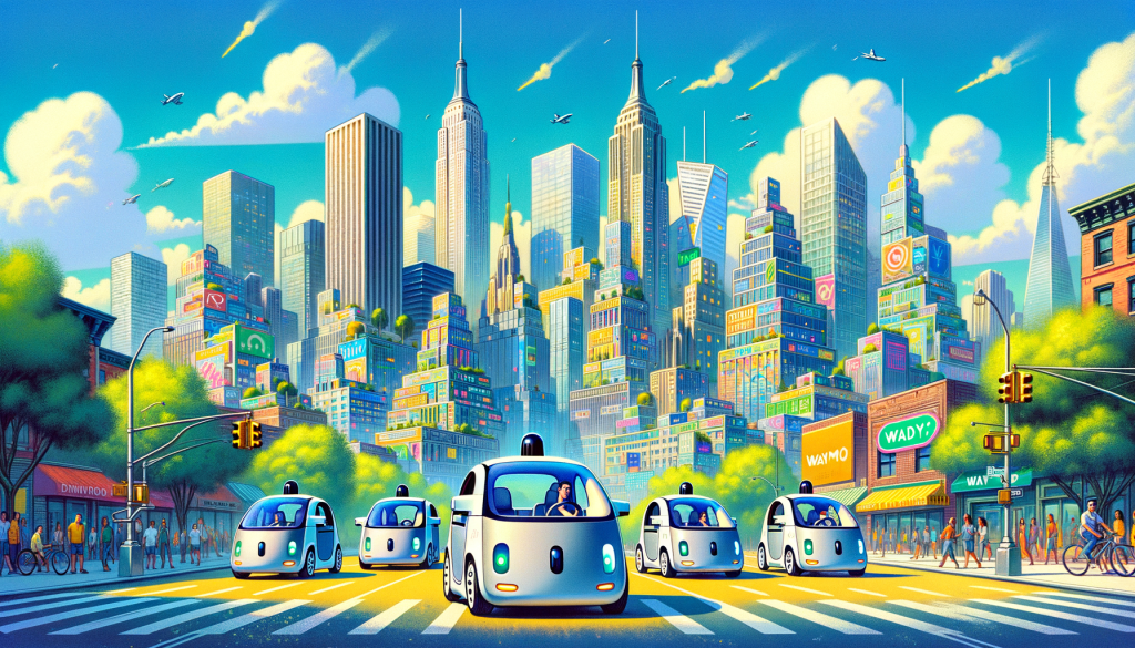Imagine an urban landscape in a vivid and cheerful, animated style, filled with skyscrapers of Manhattan and Downtown Brooklyn. Amidst the bustling city, a fleet of eight autonomous vehicles, emblematic of Waymo, are performing a test run on the roads. The cars are streamlined and futuristic, equipped with sensors and other technology hinting at the AI-powered systems that drive them. A human is seated behind the wheel of each vehicle, symbolizing the testing phase required by law. The backdrop showcases iconic architectural elements from New York City. The Sky is clear, indicating a positive outlook towards technological advancement.