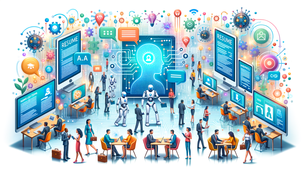 Please create an image for the article titled 'How AI is Transforming the Hiring Process for Job Seekers and Employers'. The image should be in 3:2 aspect ratio, use a colorful and dynamic style. The composition should convey positivity and lightness, picturing a bustling job fair with a futuristic touch. Include a range of diverse individuals interacting with AI technology, like robots, tablets, and desktop computers. These devices could display resumes or have speech bubbles with snippets of cover letters. Incorporate elements of machine learning, like neural network patterns, to symbolize AI's role in today's job market.