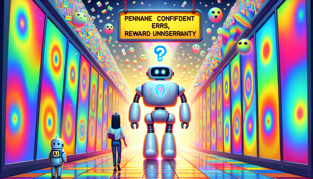 Illustrate a scene in a whimsical and light-hearted style, akin to popular animated feature films, depicting the abstract concept of an AI model acknowledging its uncertainty. Use a 3:2 aspect ratio, capturing positive elements to symbolize a breakthrough in AI technology. Show a large AI model, embodied as a giant robot carefully navigating a hallway filled with 'hallucinations' represented as colorful, pixelated phantoms. The robot displays a question mark above its head, symbolizing its uncertainty and readiness to admit lack of knowledge. To the side, a smaller figure representing the AI researchers holds a sign that reads 'penalize confident errors, reward uncertainty', suggesting a new approach to training the AI models. Use bright colors and optimistic tones to signify hope and a commitment to improvement.