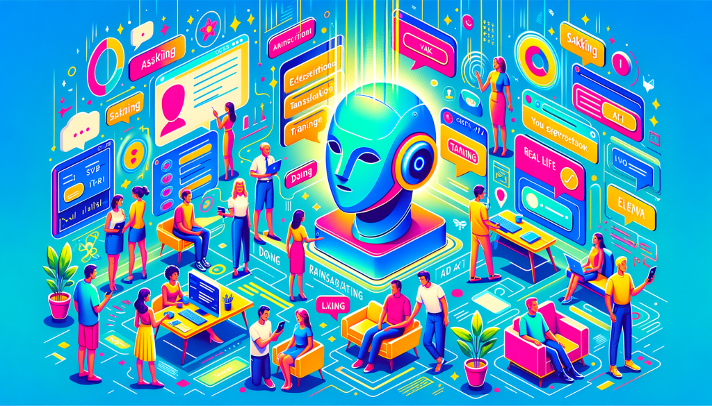 Create a vibrant digital illustration in a modern, stylized, and animated manner. The scene is based on the setting of the article titled 'OpenAI releases first-of-kind study revealing how people are using ChatGPT for everyday tasks.' Visualize a diverse group of people, representing different genders, ages, and descents, interacting with a futuristic AI interface that represents 'ChatGPT.' Show the AI interface assisting them in various tasks such as writing, editing texts, translating, and asking for information. Display glimpses of real life and work life integration with representations of 'Asking,' 'Doing,' and 'Expressing.' Let the overall tone be optimistic, representing the widespread adoption and versatility of the AI. Ensure the illustration is in a 3:2 aspect ratio.