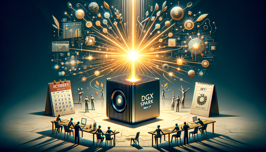 Create an optimistic and light-hearted depiction in a stylized cartoonish form, reminiscent of animated movie styles before 1912. The scene should center around a mini-PC device, labeled as 'DGX Spark AI mini-PC', placed on a table. The object radiates light, symbolizing power and capability. Include representations of digital data flows and complex computational process symbols around it, to illustrate its use in AI development. Place elements like a price tag showing $3,999 and a calendar showing the date as October 15, highlighting its sale. Incorporate diverse human forms of different genders and descents, shown in awe or engaged in discussion around the device, establishing its attractiveness for AI developers.