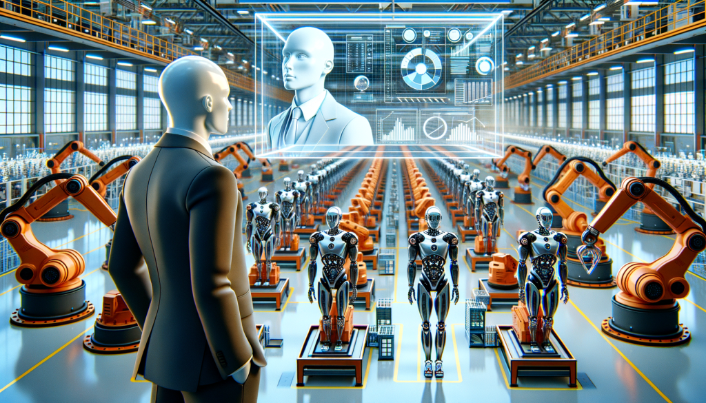 Imagine a vision of a future assembly line. Show humanoid robots in varying states of manufacturing, some fully completed, while others are in the process of being assembled. They are in a clean, high-tech, and large scale factory setting. The robots are sophisticated with a glossy, ore-inspired color on their exterior; their design is ergonomic and futuristic. Meanwhile, we see a figure that resembles a prominent businessman, nondescript in appearance, looking at a large transparent display filled with complex charts and production lines. Remember, this composition should reflect a light and positive outlook, in a cartoony and exaggerated manner resembling the 3D rendering style of the early 2000s.