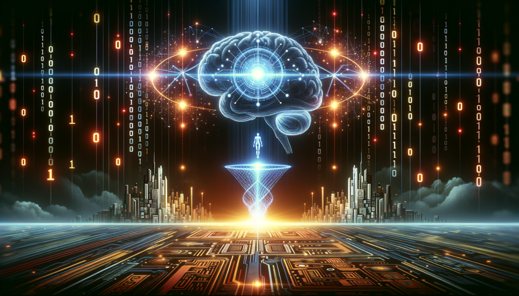 Illustrate an image with a 3:2 aspect ratio that depicts the theme of partnership and progress signifying the restructure of an AI company and its collaboration with a major tech corporation. Display both the companies represented by abstract symbols - one as a free-floating AI brain, hovering and illuminating light, and the other as a tech giant represented by a symbolic futuristic tower gleaming with light. Let both entities appear interlocked, denoting partnership. The rest of the scene can include binary code flowing in the background to represent their joined forces in the tech world. Refrain from using any specific logos or company names. Add an aura of positivity and high tech futurism to the image.