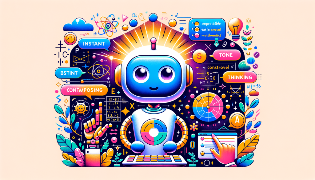 Create an illustration in a 3:2 aspect ratio, inspired by a vibrant, upbeat, and whimsical style. The illustration should include elements that represent the key concepts from the article 'OpenAI launches ChatGPT 5.1'. Imagine a symbolic character embodying the AI chatbot showing 'Instant' and 'Thinking' aspects in separate parts of the image, with improved tone controls inspiring warmer hues. Show the AI taking on basic tasks with ease, also persisting with complex tasks, emanating light representing its improved cognitive abilities. Incorporate elements signifying mathematics and coding. Lastly, portray users adjusting the AI's tone using a control panel to symbolize the new feature of customizable conversational styles.