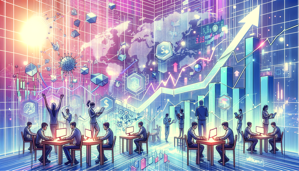 Create a light and optimistic illustration in a style inspired by animated movies, capturing the essence of technological innovation and financial market trends. The image should have a 3:2 aspect ratio and encompass key elements from the article. Foreground elements could include techno-savvy individuals, symbolizing the 'advanced coding solutions', working on futuristic devices. The background could visually interpret financial aspects such as rising graphs and a complex but harmoniously intertwining network, symbolizing global stock exchanges and cryptocurrency trends. Please avoid specific logos and real-world brand references.