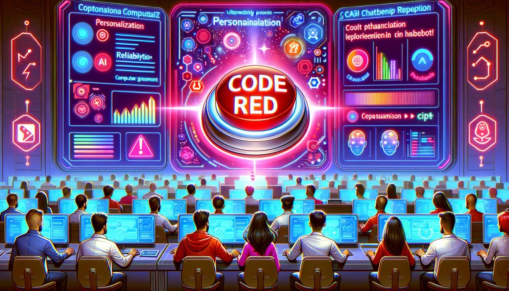Illustrate a metaphorical 'code red' announcement in a tech company, depicted in an uplifting, vibrant and cartoon-like style. Include an increasingly glowing button labeled 'Code Red' on a high-tech dashboard, surrounded by holographic charts and graphs showcasing improvements and enhancements in AI chatbots. Feature a diverse group of computer engineers, of Caucasian, Hispanic, Black, Middle-Eastern, and South Asian descent, both male and female, diligently working on futuristic computer terminals. Also, illustrate a vibrant, cyberspace-like background insinuating AI advancements, with holographic screens displaying keywords such as 'personalization', 'reliability', and 'ChatGPT Pulse'. The image should be in 3:2 aspect ratio.