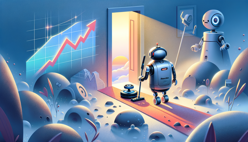 Create an optimistic digital illustration for an article in 3:2 aspect ratio. The scene shows a small robot vacuum cleaner (a Roomba) ventured through a path filled with obstacles - to depict the challenges - towards a bright and welcoming doorway - to portray aspiration. Alongside it, a larger, friendly robot (to symbolize Shenzhen PICEA Robotics Co., Ltd.) assisting the little Roomba, guiding its course, demonstrating collaboration and support through its journey. Both robots should appear determined and hopeful despite the difficult path. Include an abstract representation of a stock chart in the background showing a significant drop, symbolizing the company's situation. Finally, incorporate a gentle color pallet to maintain a positive tone throughout the illustration.