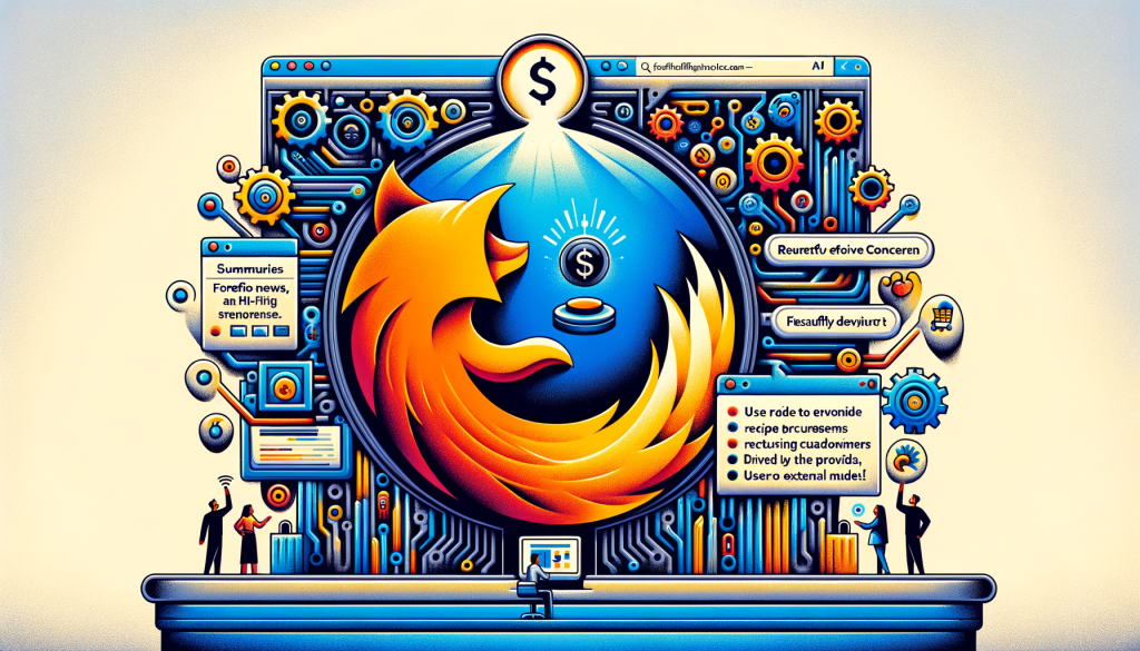 Create an illustration in a positive and light style that represents a 3:2 aspect ratio. The image should involve a symbolic representation of Firefox, a notable web browser, evolving into an AI-powered browser. Include certain visual cues such as an AI chip being integrated into the FireFox logo, a window popping out with summaries driven by AI, and users having the ability to switch the AI features on or off. Carefully depect a sense of concern, demonstrating revenue taking precedence over customers via a scale where dollar symbols outweigh user symbols. The image should also subtly depict the presence of third-party models symbolized by external gears integrated into the Firefox AI mechanism, hinting at the reliance on external providers.