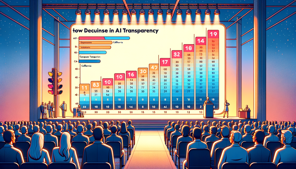 Create an illustration that represents the contents of an article about the decline in AI transparency. The image should exhibit positivity and light. It should depict a large scale or chart that shows the decline of transparency over the years, with a focus on various company scores. The scale should show scores dipping from a maximum of 100 down to about 14. The setting should be in a corporate environment with some spectators, symbolizing the AI companies. Include representations of different areas like California and the European Union symbolizing the regions pushing for transparency. Ensure these elements are rendered in a cheerful, digital animation reminiscent of 3D animation styles before 1912. The image should have a 3:2 aspect ratio.
