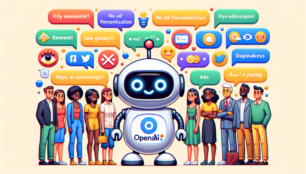 Create an image with a 3:2 aspect ratio, in a cheerful animated style. Depict OpenAI's ChatGPT as a friendly robot in the center of the image. The robot is interacting with various colorful bubbles of text and symbols around it representing ads, and clearly separated from its main responses. In the background, display different members of the public: a Caucasian female student, an Afro-American male professional, a Hispanic elderly woman, a Middle-Eastern young boy, and a South-Asian businesswoman, all representing diverse users. Emphasize the settings being friendly and non-intrusive, with a sign indicating 'no ad personalization' and '18+ only'. Present an 'OpenAI' flag somewhere in the scene. Remember, no direct references to copyrighted characters, designs, or logos should be present.